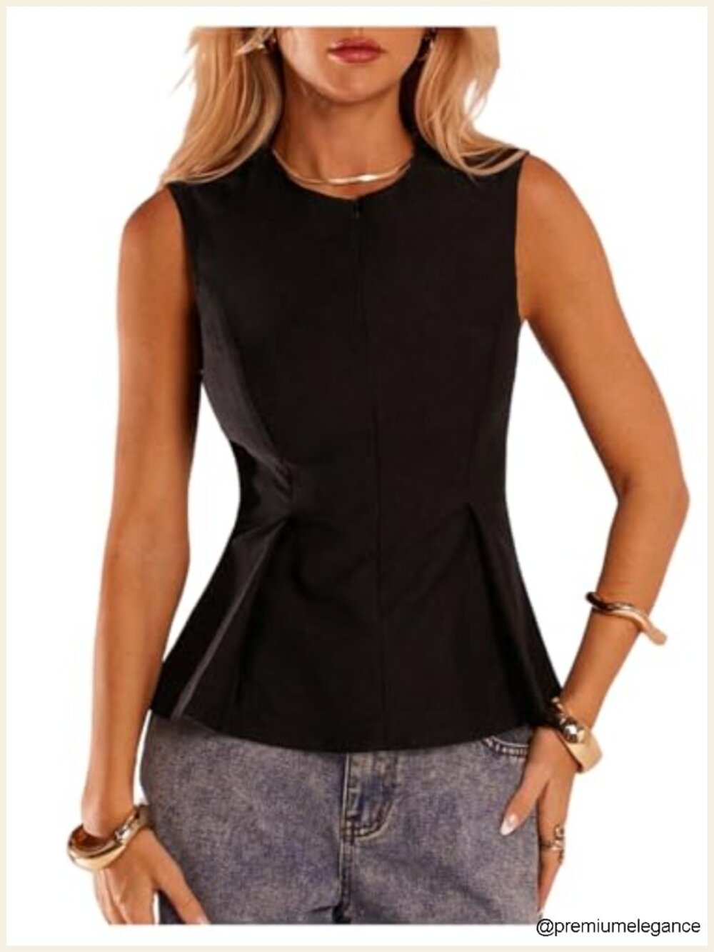 Pleated Hem Peplum Sleeveless Tank Top, Elegant Office Business Top